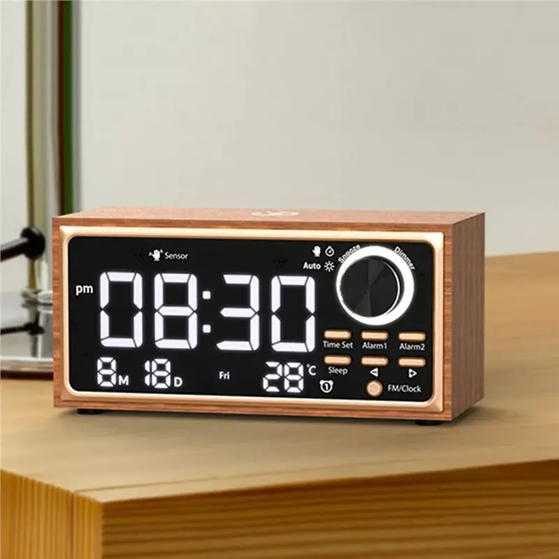 Solid Wood Clock Vintage FM Radio Wireless Charging LED Display Dimmer Control Calendar For Bedroom Desktop