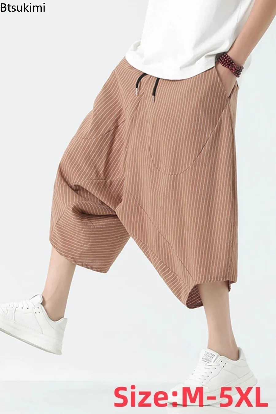 Summer New Chinese Style Men Striped Harem Pants Plus Size Seven Trousers Loose Lantern Radish Nepal Casual Long Pants for Male