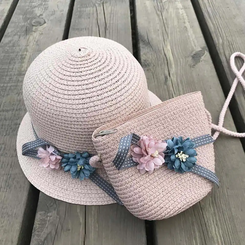 1Set Pink Kids Straw Hat Beach Set Large Floppy Brim Crossbody Bag Adorable Design for Girls Summer Party Outfit
