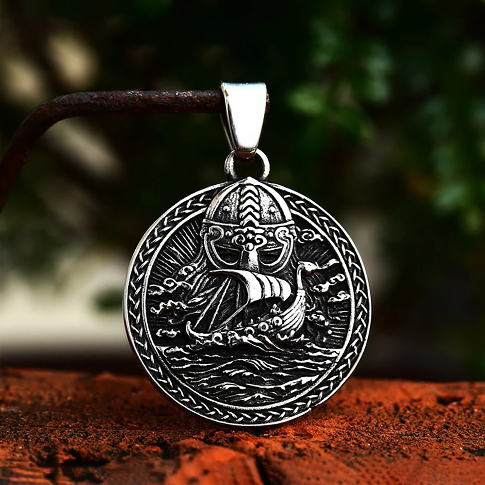 Image of Vintage Edelstahl Viking Piraten Schiff Anhänger Halskette Für Männer Nordic Doppel Drachen Amulett Halsketten Mode Schmuck Geschenke