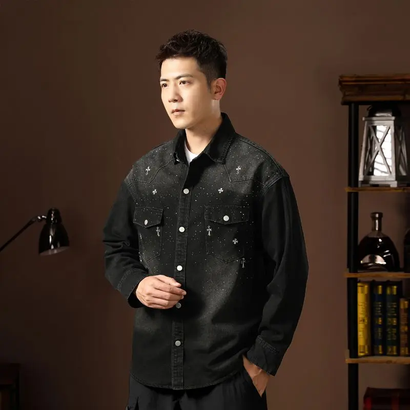 ربيع الخريف سترات الدنيم خمر مع جيب تصميم الدنيم معاطف للرجال واحدة الصدر التلبيب طوق سترة الخريف معطف العمل