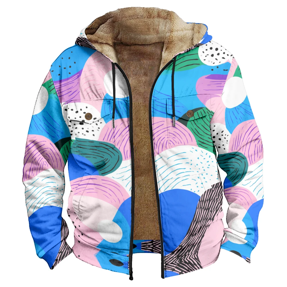 Men Winter Trendy Abstract Geometric Jackets Coats Print Retro Plush Thick Hunting Farmer Streetwear Unisex Fashion Outerwear
