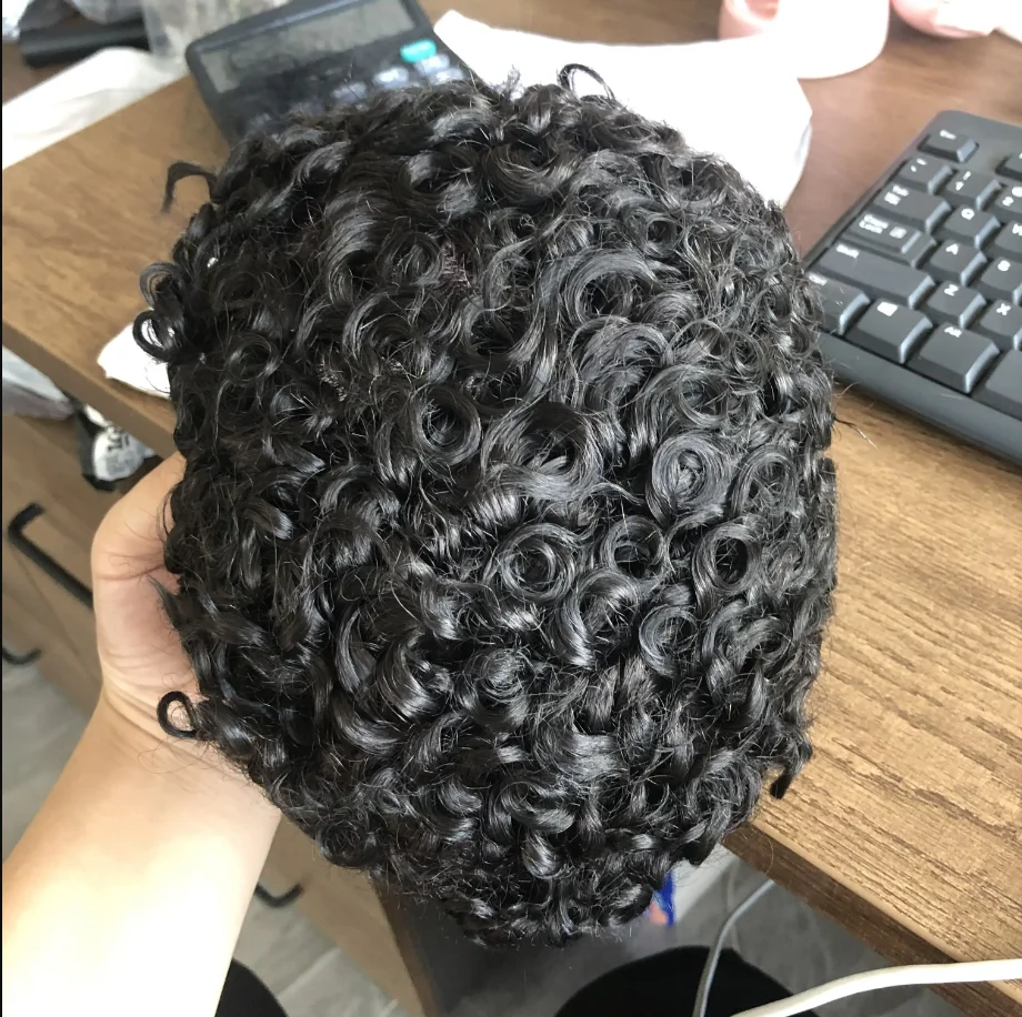 Men\'s Capillary Prosthesis Toupee Curly Human Hair 18mm Afro Curly Prosthetic hair Male Thin Skin PU Base Hair System for Men