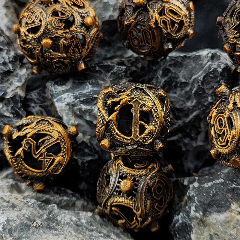 Mini Planet Hollow Flying Dragon Metal Dice Set Polyhedral Round Metal Dice DND For TTRPG Table Game Metal Dice Custom Factory