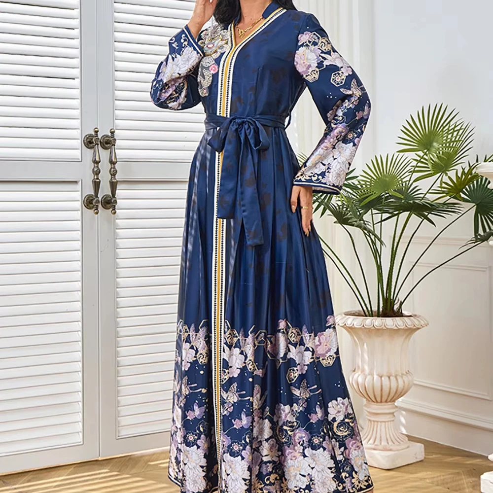 

Оптовая продажа Ближний Восток Мусульманский Арабский Дубай Платье Абая с воротником с принтом Этнический стиль Большой качели Вечернее платье для женщин