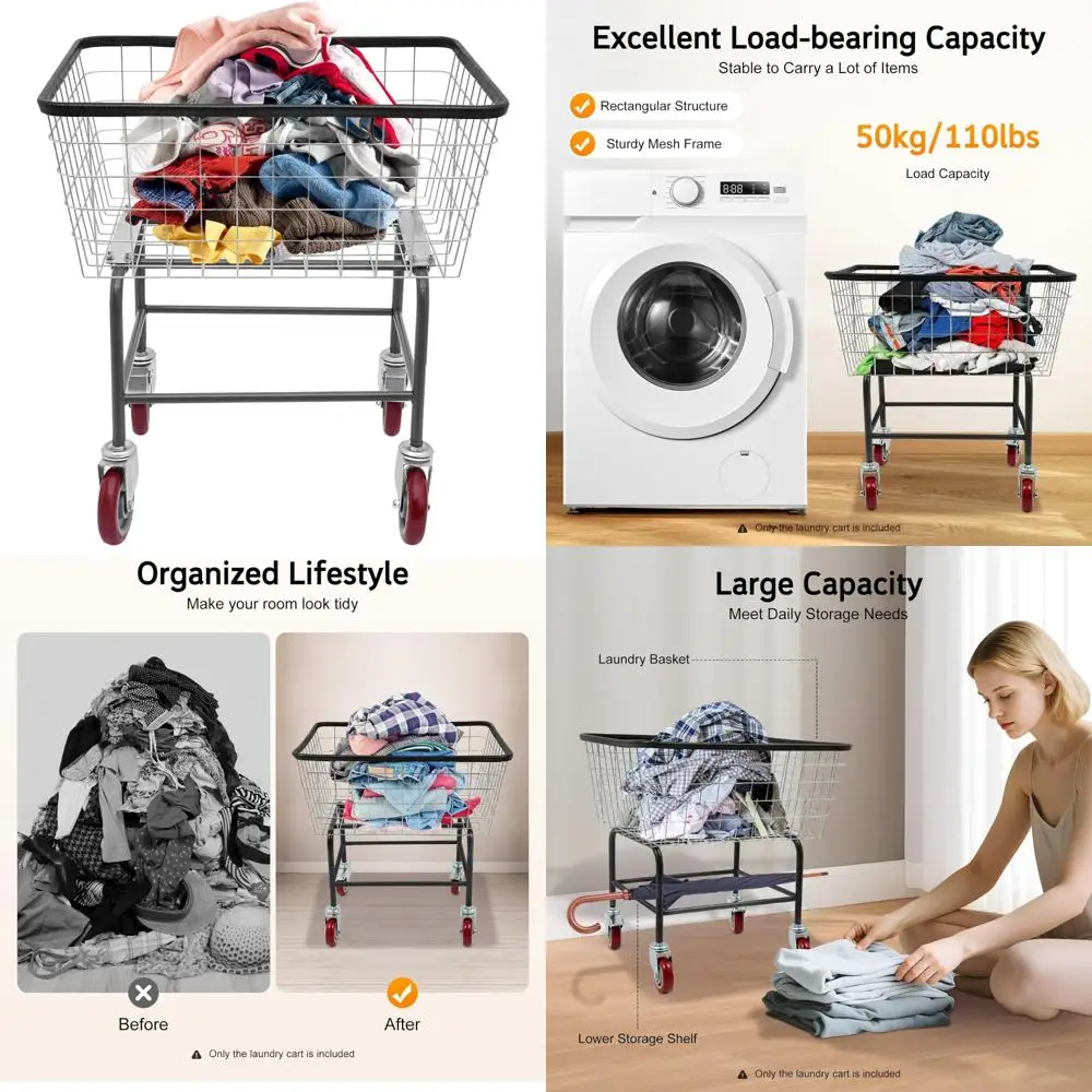 

Heavy-Duty 2.2 Bushel Wire Laundry Cart with Wheels, 20x15.7x26, Commercial Grade Galvanized Steel Basket Cart for Clothes