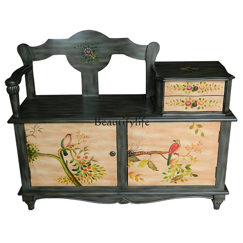 

Mediterranean Painted Shoe Cabinet Vintage Entrance Storage Decorative Cabinet