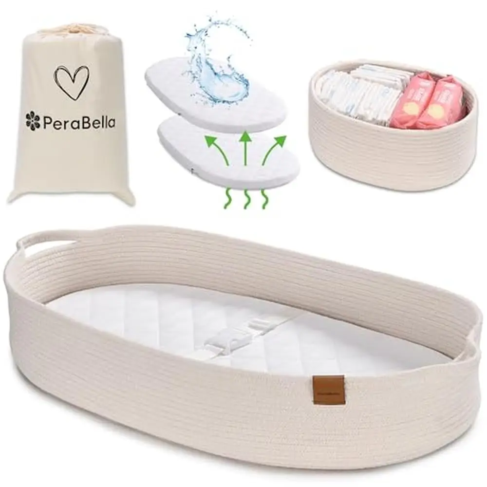 Baby Changing Basket Dresser Top Unisex Moses Babies Cotton Rope Foam Diaper Pad Waterproof Security Belt Lightweight Durable