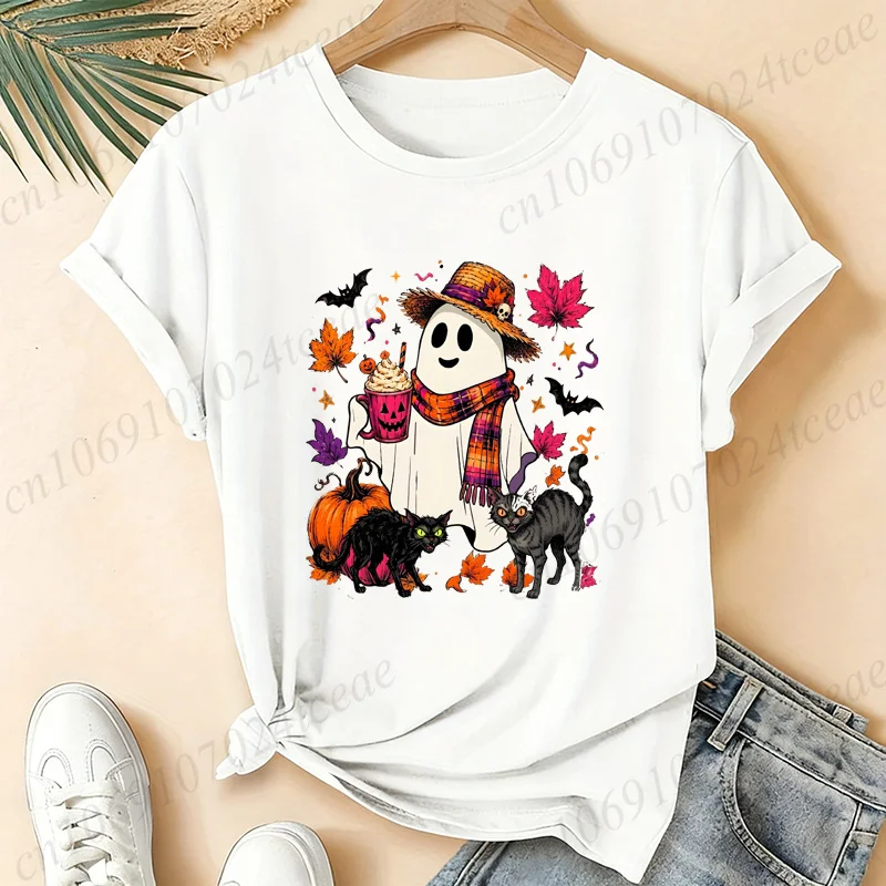 Halloween Ghost Black Cat T‑Shirt Women Autumn Fall Pumpkin Graphic Tees Casual Short Sleeve Shirt Spooky Holiday Costume Tops