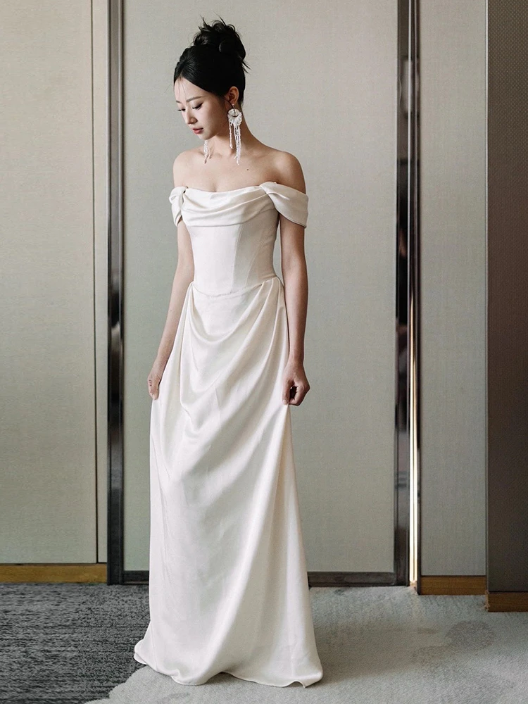 

Элегантное простое атласное свадебное платье, легкое свадебное платье с открытыми плечами для церемонии на открытом воздухе, для помолвки