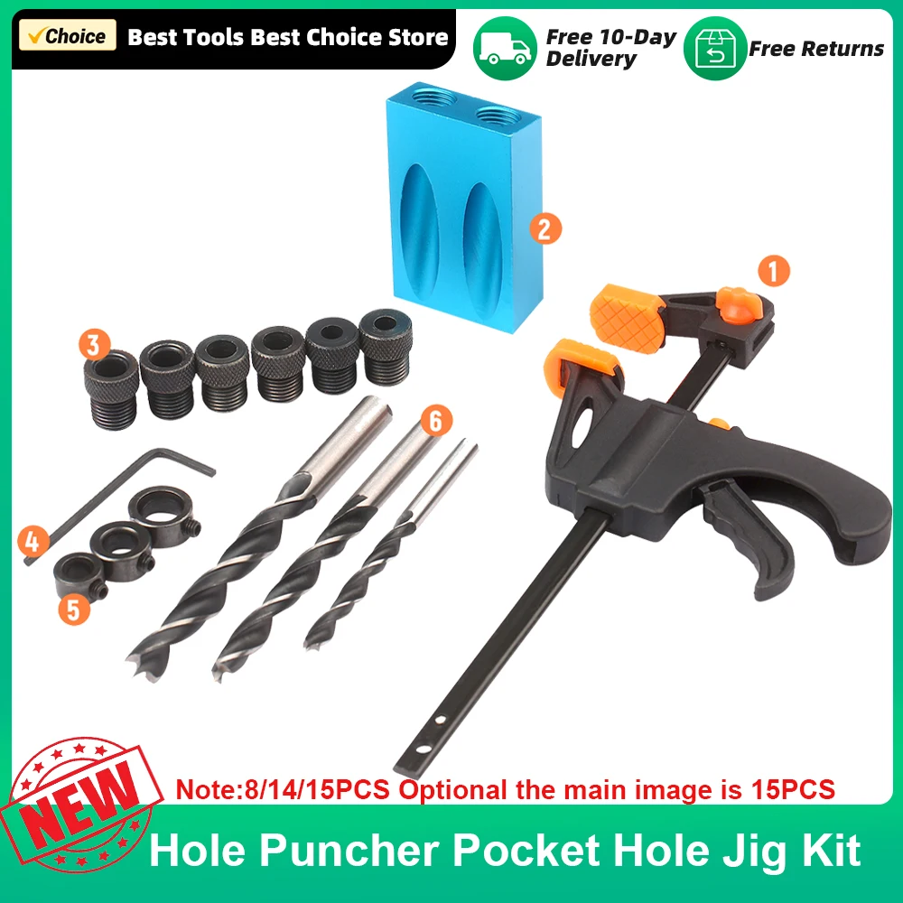 /15pcs Locher Pocket Hole Jig Kit 8mm 10mm 15 Grad Winkel Bohr führung Woodwoorking Hole Jig Tool