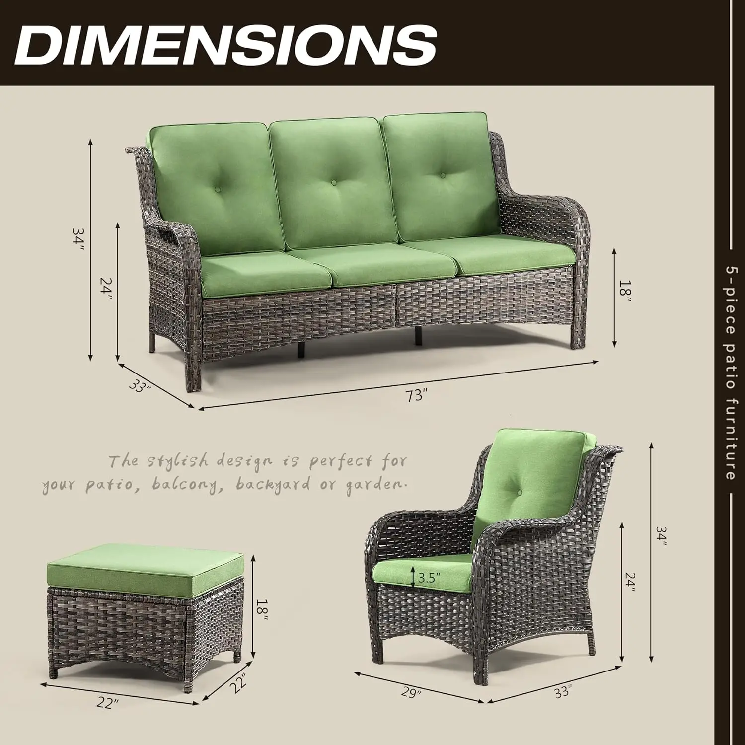 5-PCS Wicker Outdoor Furniture Conversation Set with 3-Seat Sofa, 2 Armchair, 2 Ottoman Patio Rattan Wicker Sectional Sofa Set