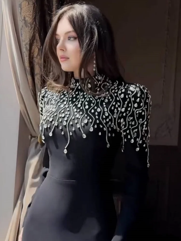 فساتين طويلة مزينة بالألماس الأسود - فستان حورية البحر بأكمام طويلة ورقبة عالية ورقبة دائرية مطرز بالترتر للحفلات الراقصة السعودية للنساء #6
