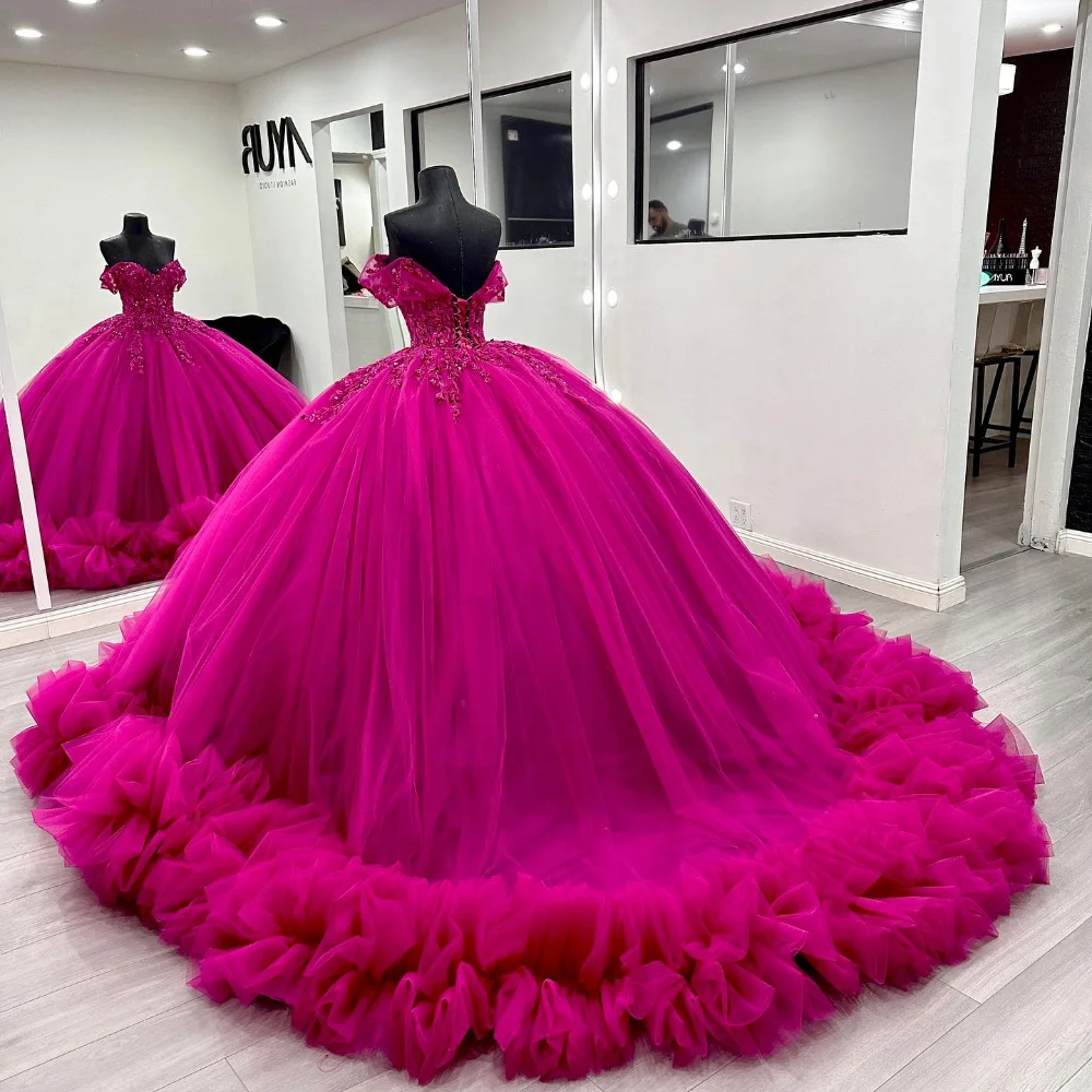 Fuchsia Tulle Evening Dresses Delicate Appliques Long Formal Prom Party Dress Ruffles Trimmed Gown