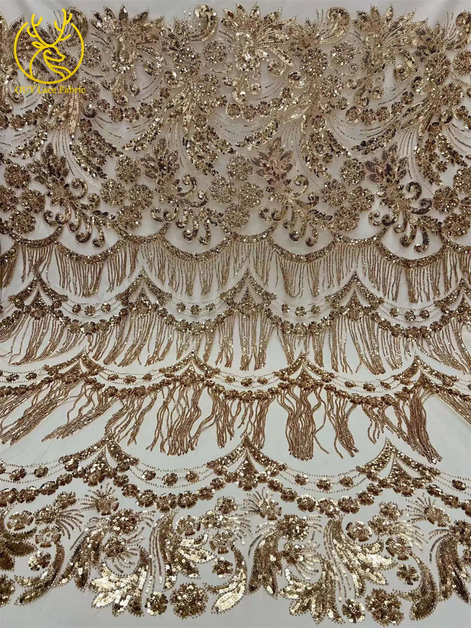Afrikanischer 3D-Quasten-Perlen-Spitzenstoff 5 Yards Französischer Tüll Pailletten-Spitzenstoff Nigerianischer Netzspitzenstoff für Hochzeitskleider – Detail 6