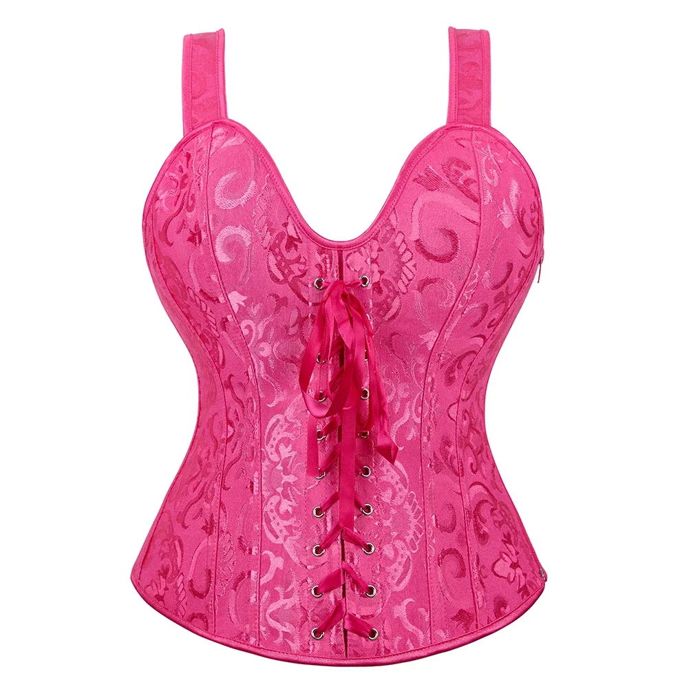 Sexy Bustier Women Corset Top Lace Up Satin Lingerie With Straps  Zipper Vintage Floral Jacquard Overbust Corselet Plus Size