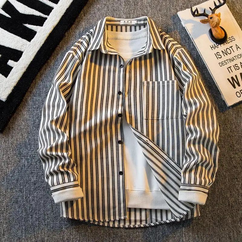 

Men's Japanese vintage cotton striped shirt men's high-end and handsome men's long sleeved casual clothes trendy shirt