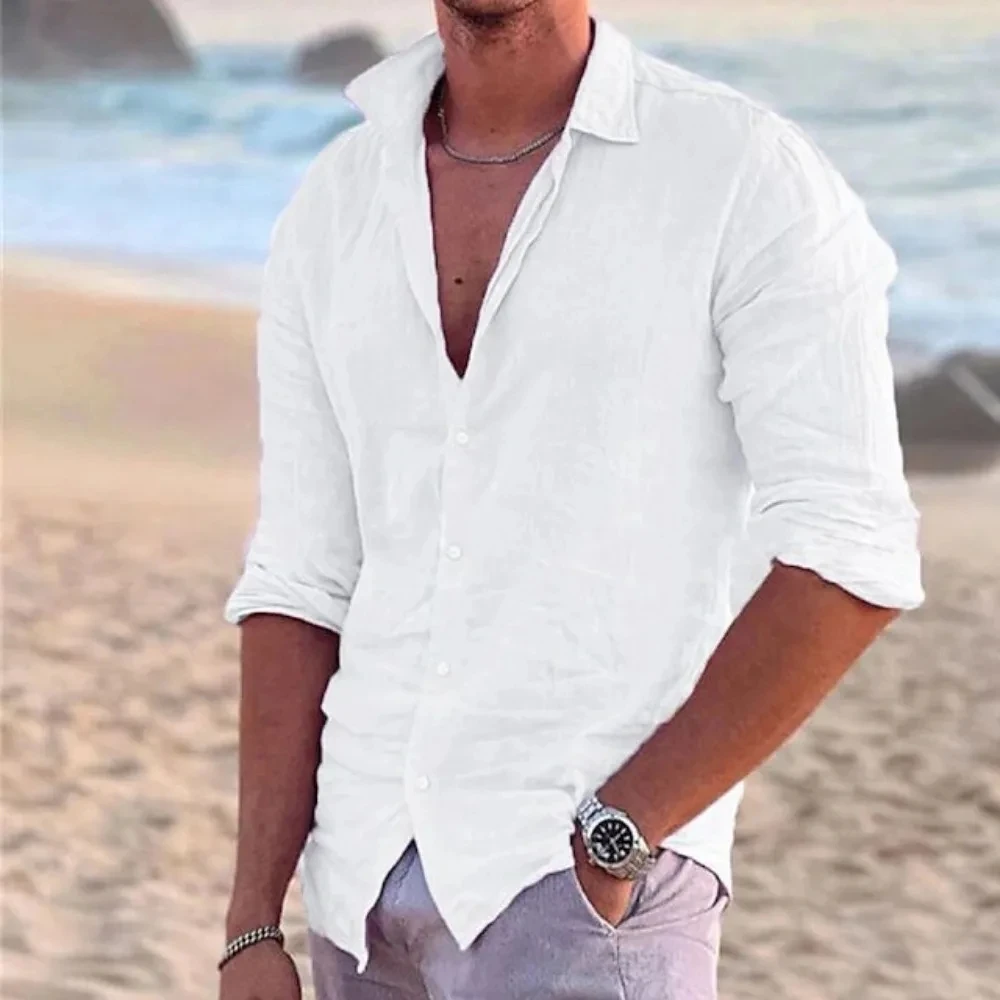 

Spring Autumn New Men's Shirt Long Sleeve Cotton linen Fashion Casual Lapel Beach Style Tops Solid Hawaiian Holiday Shirts