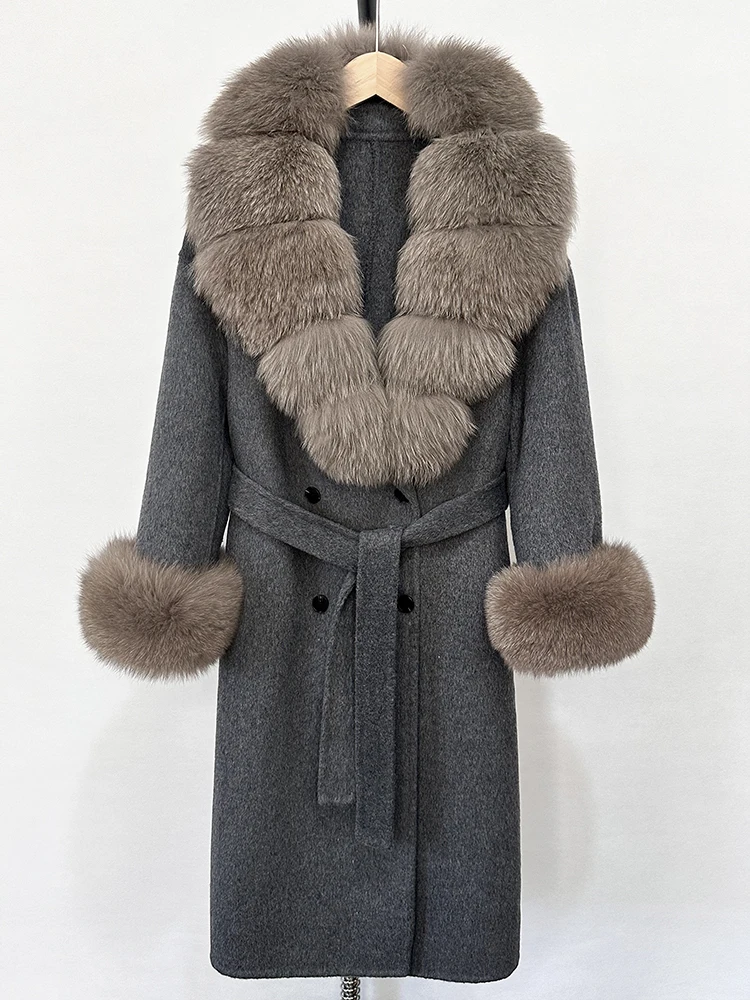 New Women Fashion Warm 100% Wool Real Fox Fur Jacket Overcoat Wholesale New Autumn Winter Clothes Long Natural Woolen Coat