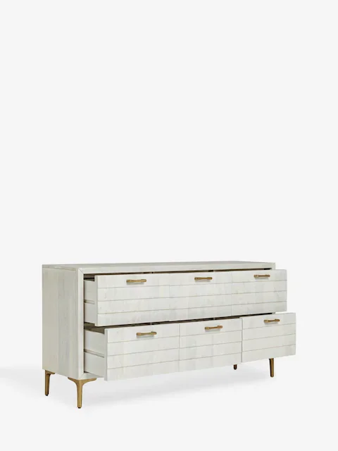 xx-Modern OAK White Wooden Sideboard with 6 Drawers Accent Storage Shutter Door Design Iron Legs Wooden Cabinet for Living Room^