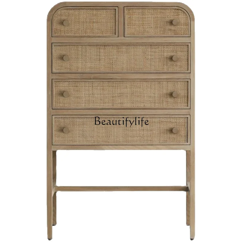 Japanese-Style Rattan Chest of Drawers Living Room Entrance Solid Wood Storage Organizer Side Cabinet