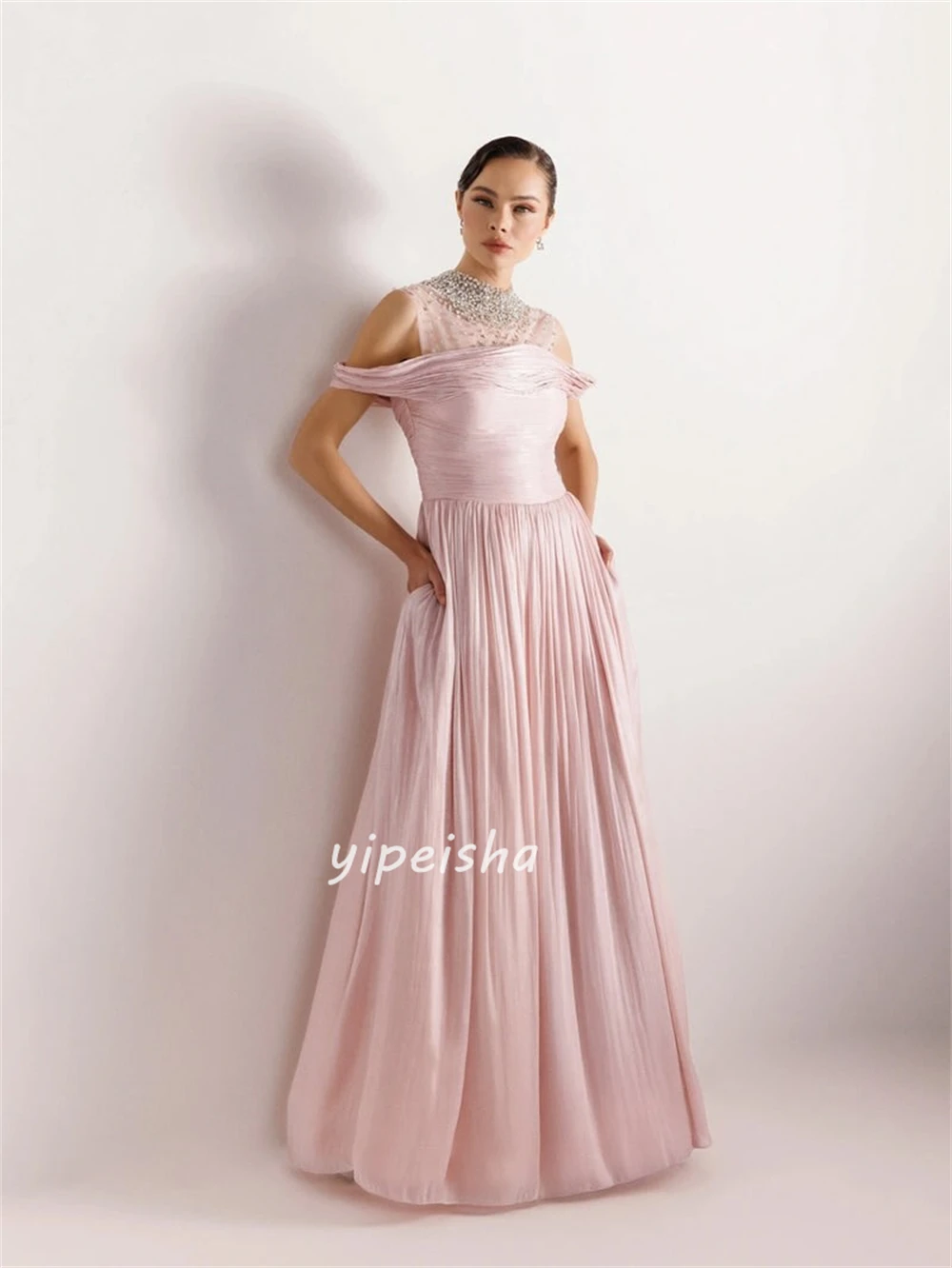 تخصيص مطابقة الأزياء الشيفون حجر الراين فساتين طويلة زر مستقيم الياقة العالية فساتين السهرة الطويلة معقدة