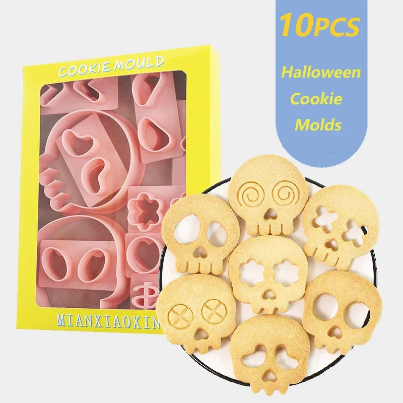10Pcs/Set Halloween Cookie Mold Hollow Skull Pressure Fondant Sugarcraft Baking Tools
