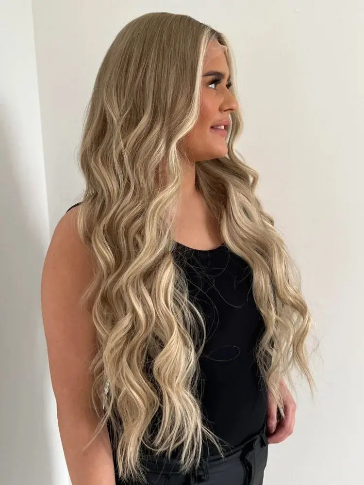 شعر فاخر طويل الطول موجة عميقة غلويليس الباروكات الشعر الاصطناعية تسليط الضوء على العسل شقراء الجبهة الدانتيل الباروكات المستخدمة يوميا قسط الألياف #2