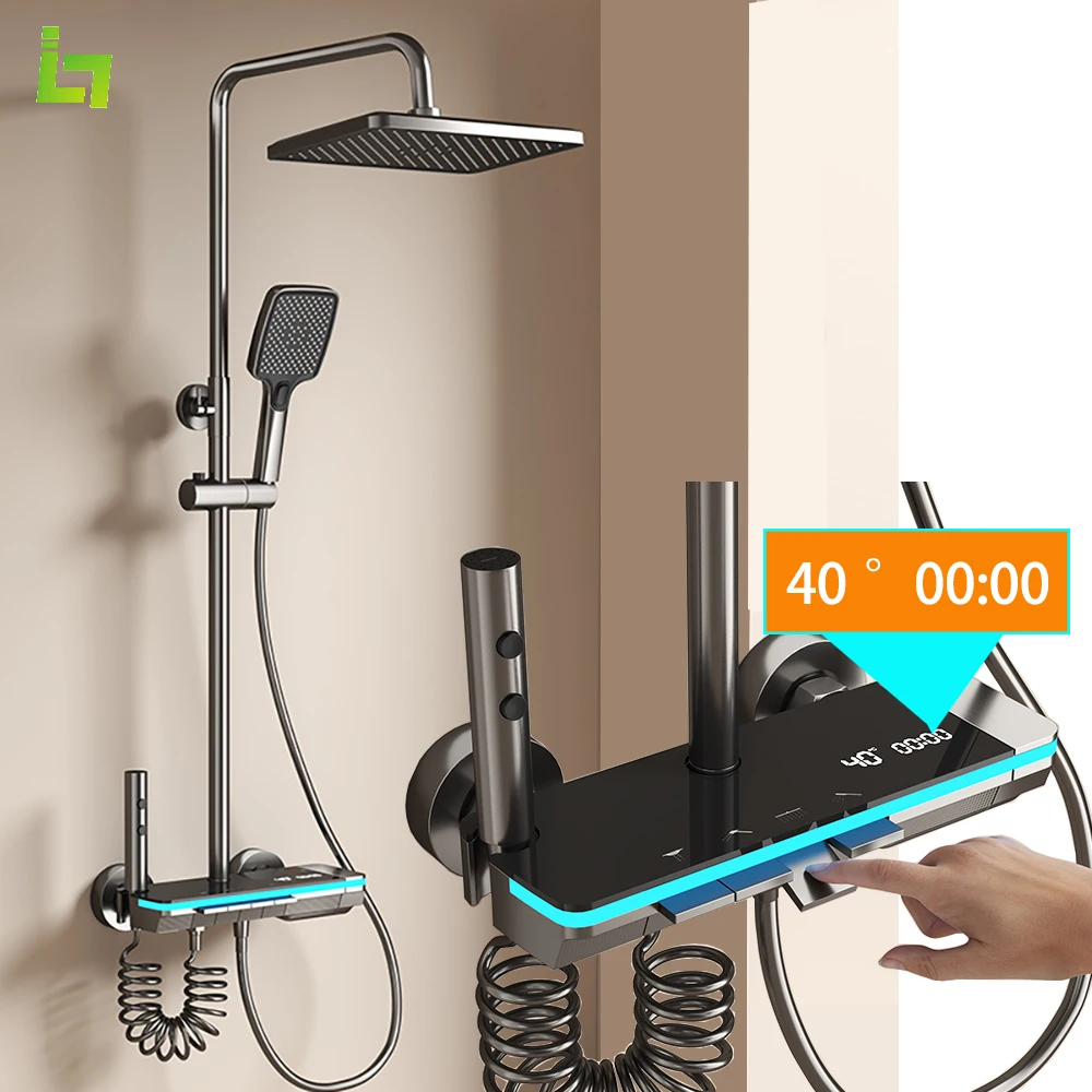 

Temperature Display Shower Faucet Set Cold and Hot Rainfall Bathtub Tap With Bathroom Shelf Water Flow Produces Electricity