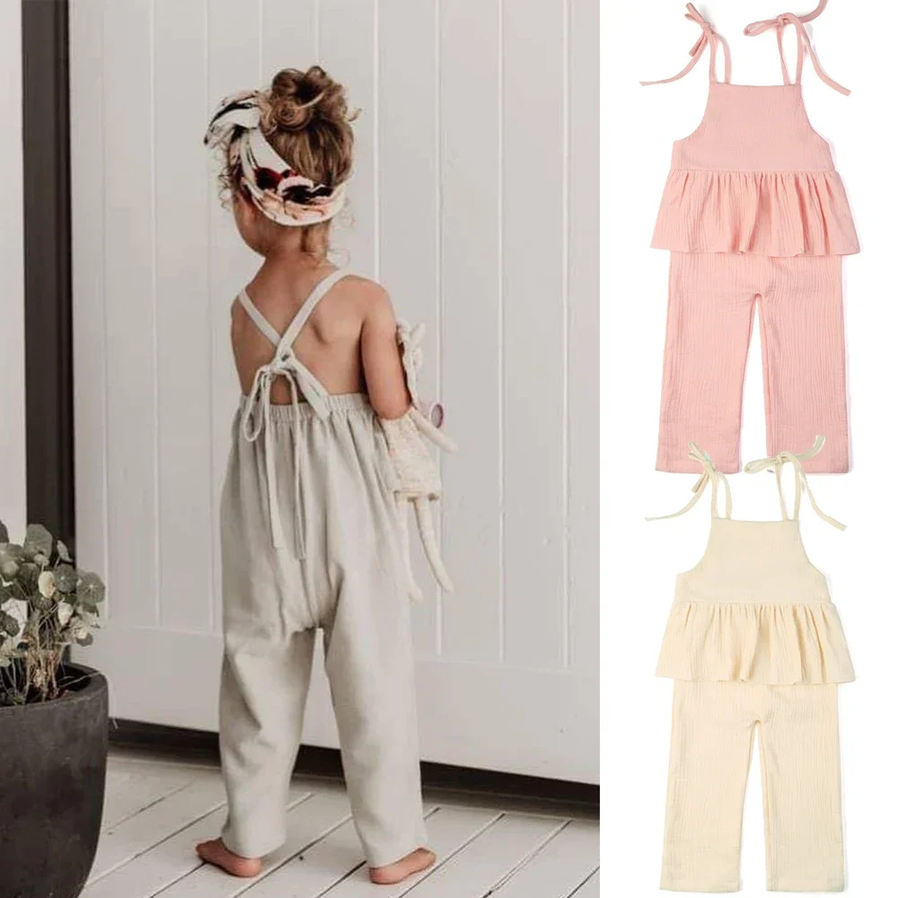 

Ruffkids Casual 100% Cotton Ruffle Girls Romper Loungewear Summer Loose Playsuit Sleeveless Strap Beachwear Kids Jumpsuits