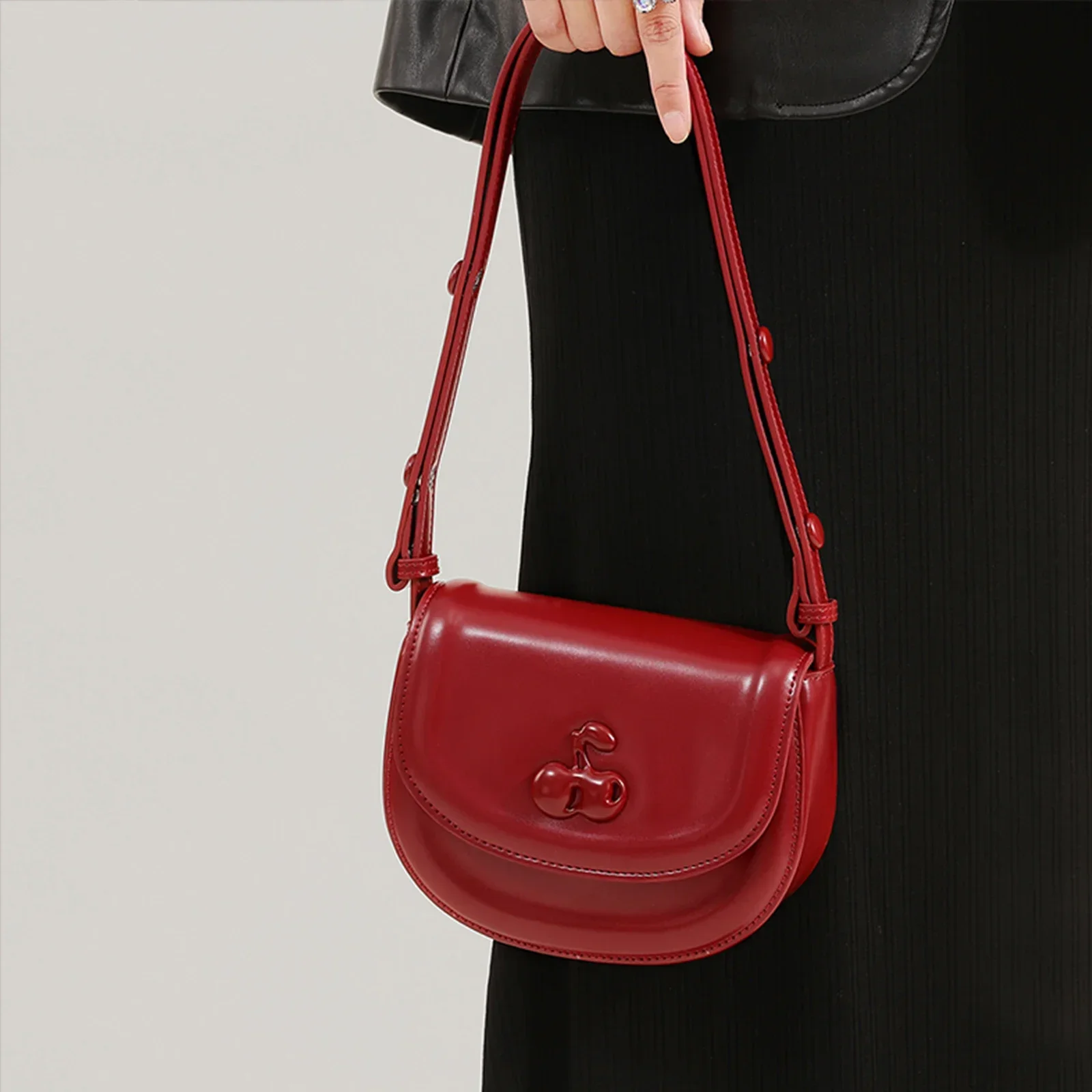 TOUTOU Women Saddle Bags Fashion Makeup Cosmetics Adjustable Strap PU Cherry Female 2024 Fashion Crossbody Handbag Tote Bag