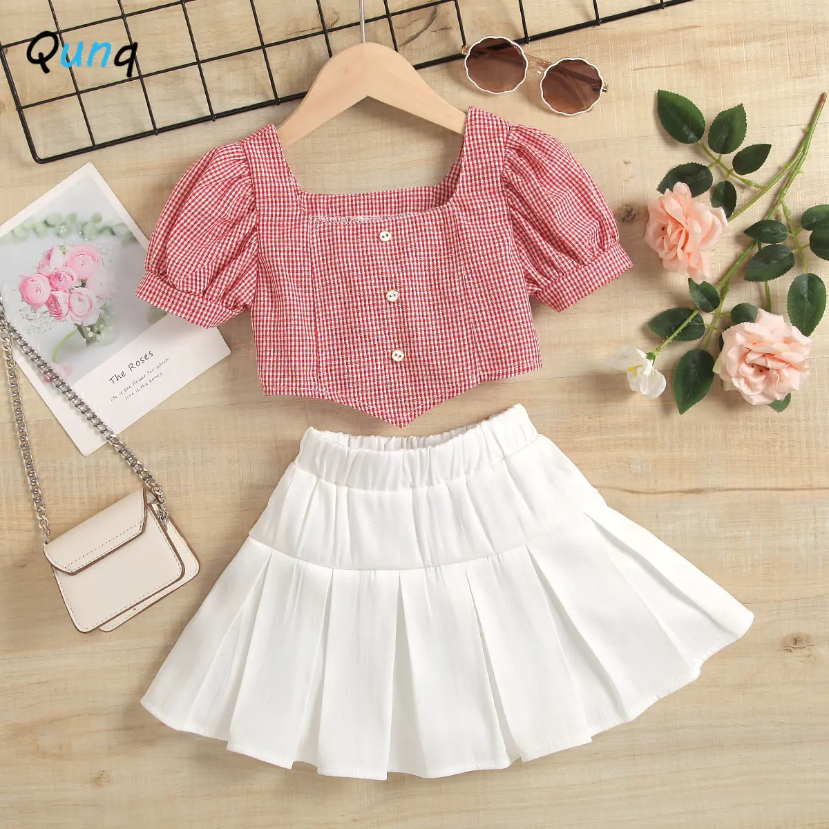 

Qunq 2023 Summer Girls Plaid Square Neck Flared Sleeves Pullover Top + Pleated Skirt 2 Pieces Set Casual Kids Clothes Age 3T-8T