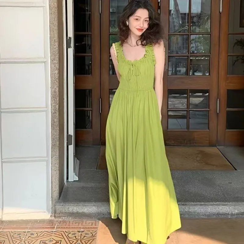 Prendisole da donna Abiti da spiaggia Verde Abito lungo femminile Designer Un pezzo Stile coreano Vintage Elegante Lusso sulla festa promozionale