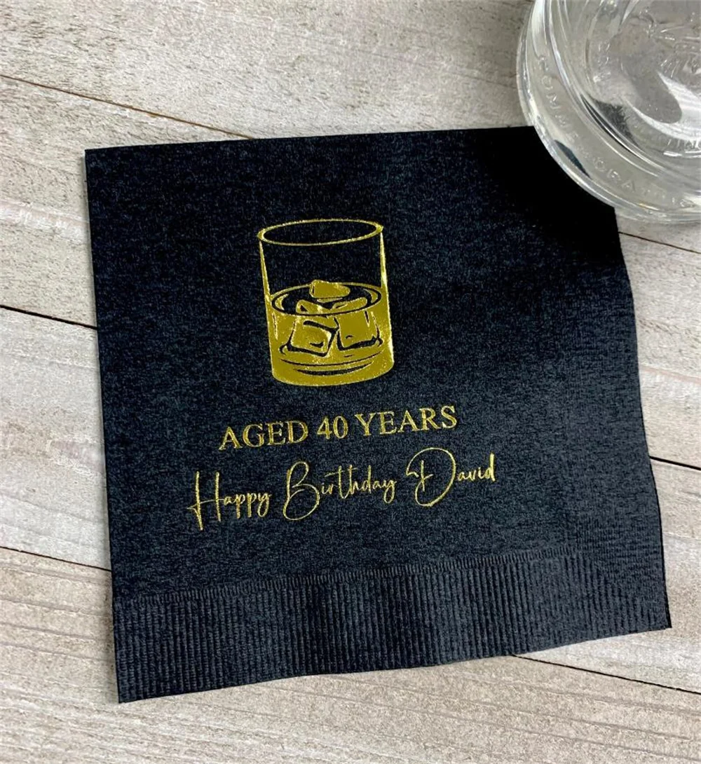 

50 Personalized Napkins Aged Years Rocks Glass Bar Custom Printed Monogram Beverage Cocktail Luncheon Dinner Guest Towels Towel