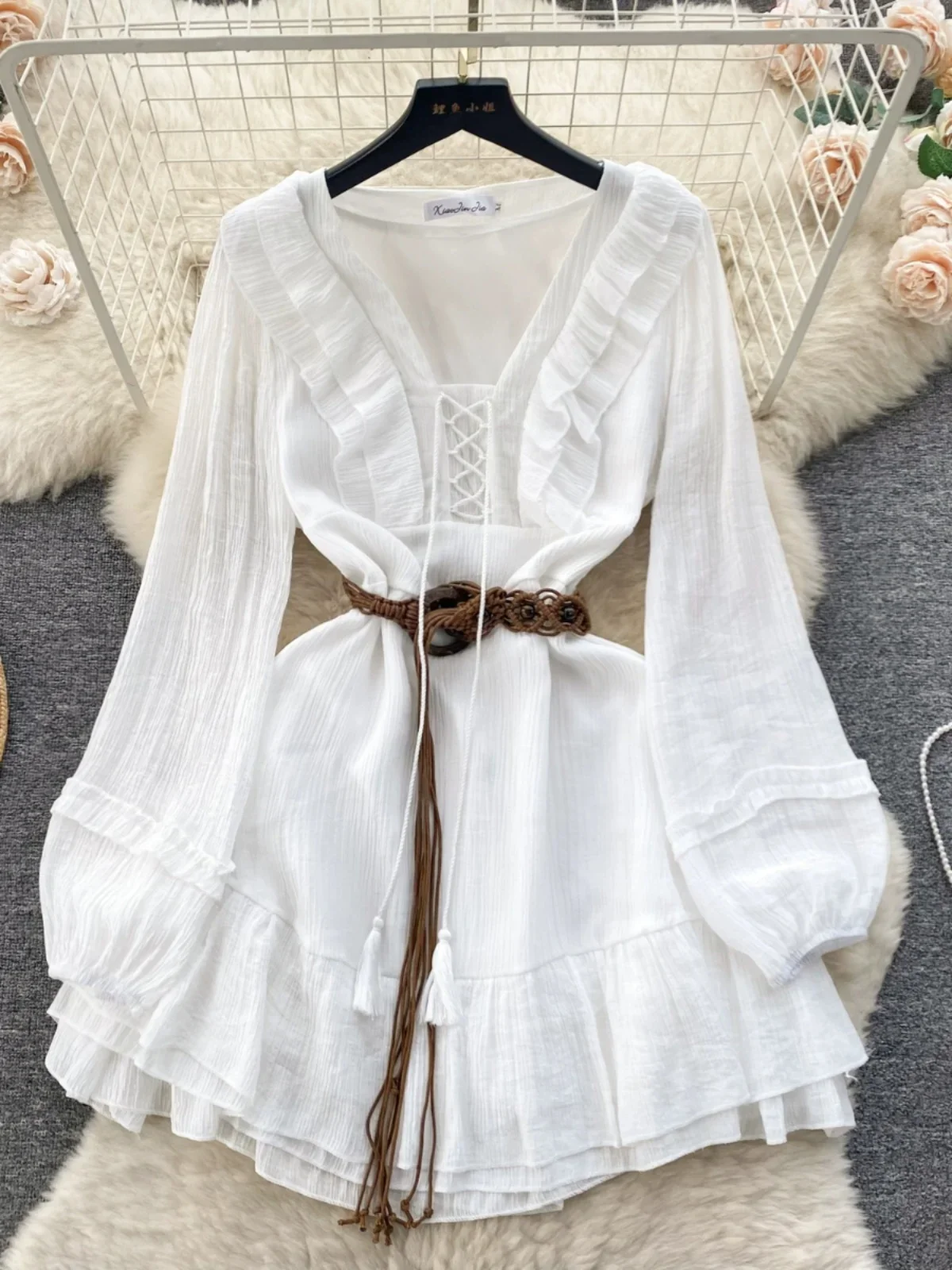 

French Vintage White Fairy Short Dress Women Spring Summer Long Sleeve Bandage Mini Dress Elegant Birthday Party Dresses