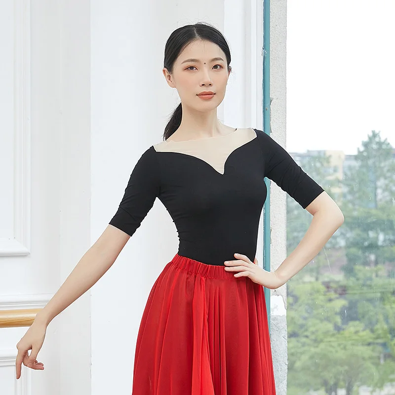Classical Dance Top Spliced Gauze Mesh Shirt Women Elegant Middle Sleeve Blouse Chic Preformance Costume Modern Training Clothes