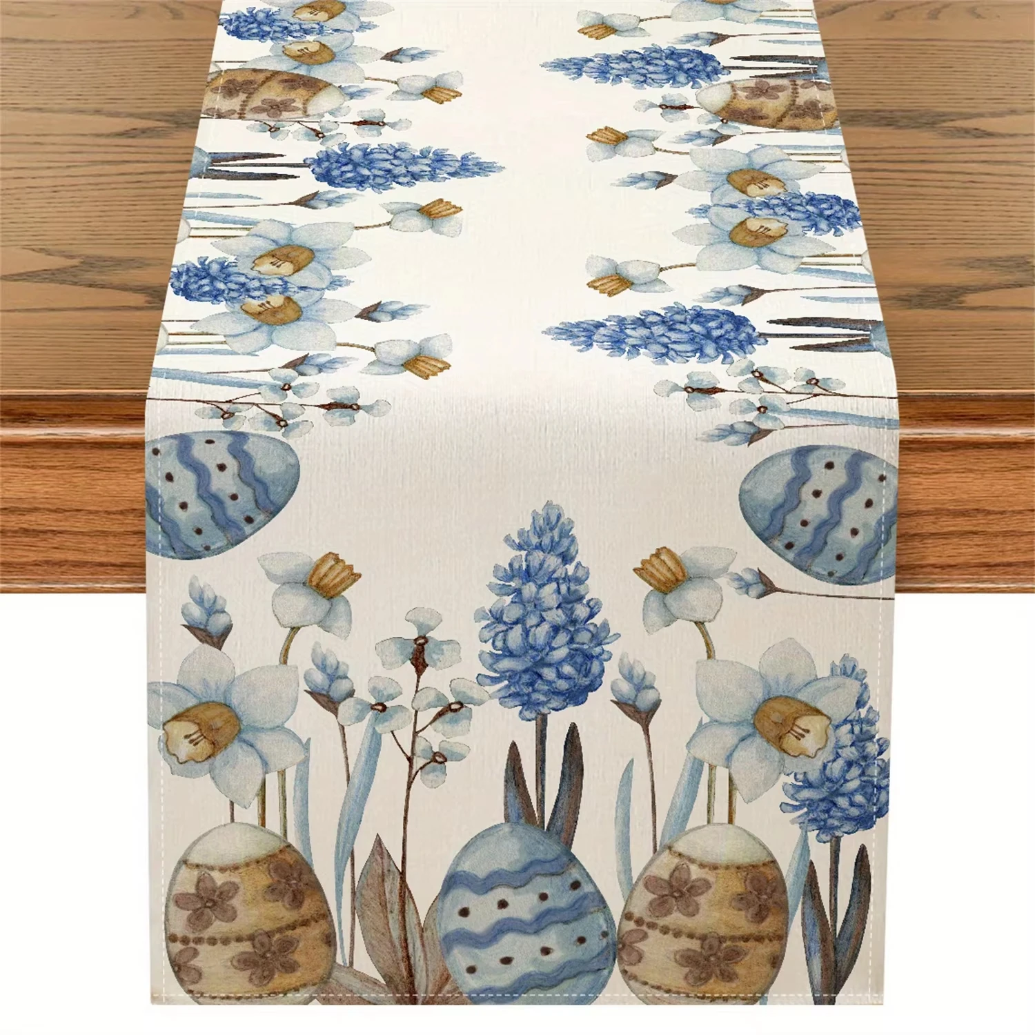 Blaue Ostereier und floraler Leinen-Tischläufer – Frühlings-botanischer Kommode-Schal für Küche, Esszimmer, Zuhause, Urlaub, Party-Dekoration