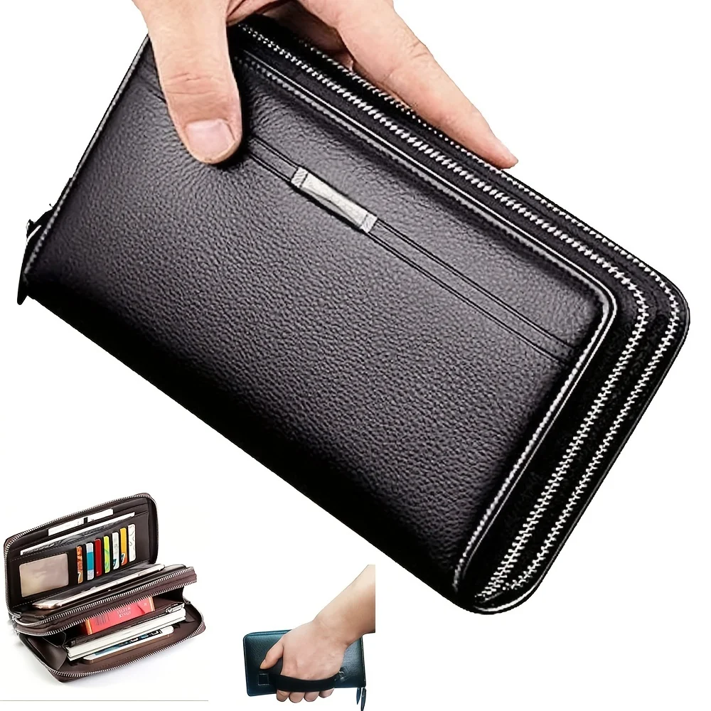 Herren-Geldbörse mit großem Fassungsvermögen, langem Reißverschluss, Kunstleder-Clutch, Business-Handtasche mit Handy- und Kartenhalter, Geschenk für Ihn