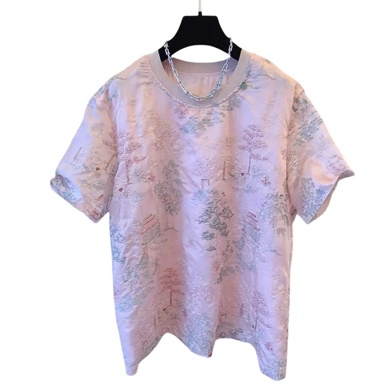 Summer New Round Neck Fashion Short Sleeve T-shirt Women Vintage Chinese Style Embroidered Pullovers Casual Loose Tops