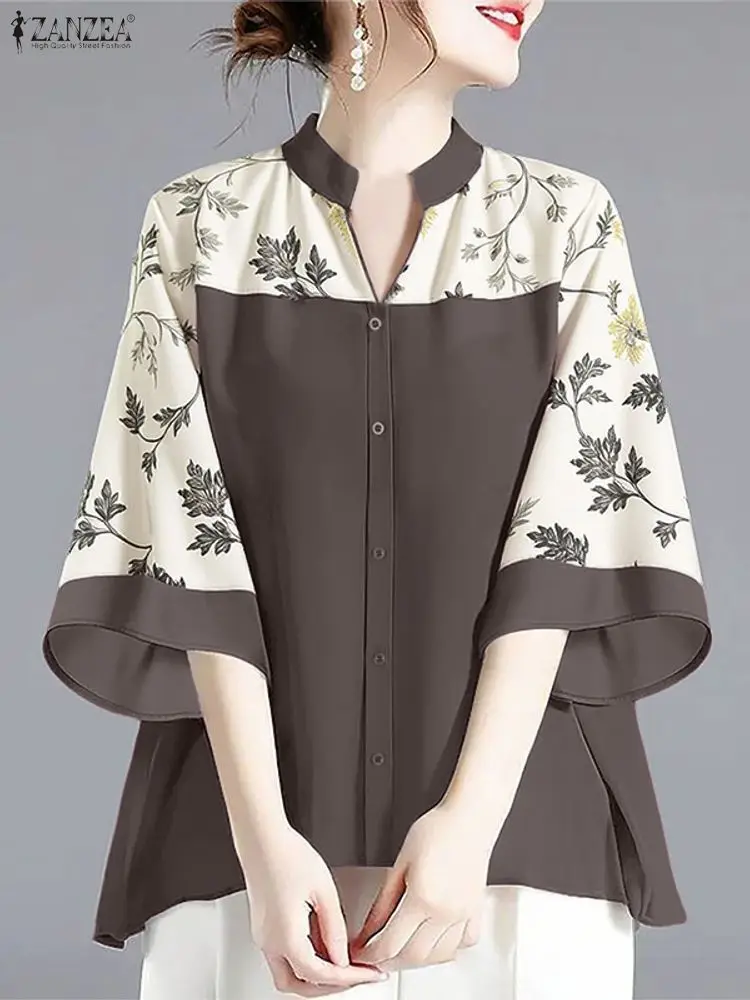 2025 ZANZEA otoño blusa con estampado Floral mujeres Tops Vintage cuello en V manga 3/4 Blusas mujer OL camisa de trabajo Casual botones Blusas