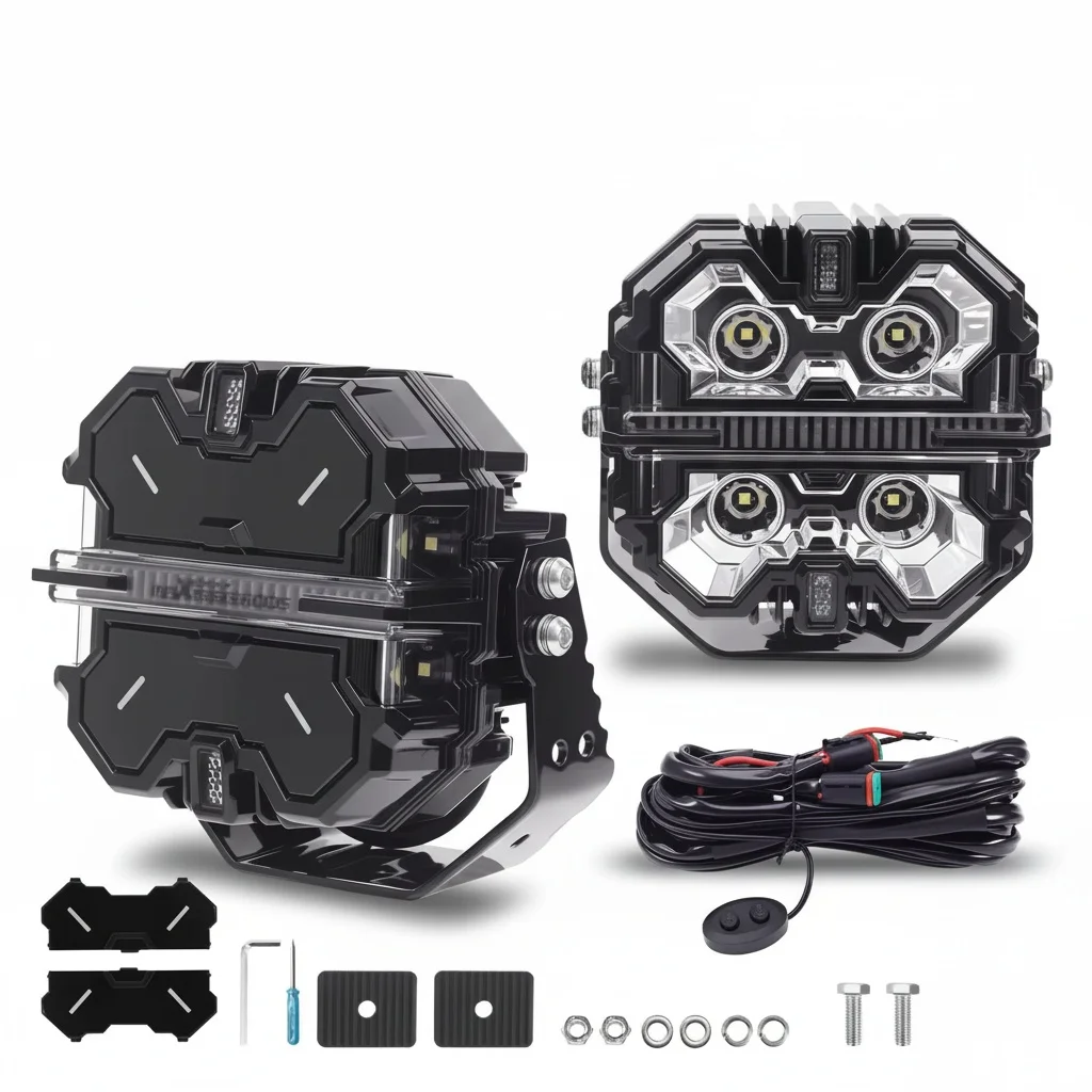 5 Inch LED Headlights, White Amber DRL Side Shooter Fog Driving Lights, Die-cast Aluminum Square Pods for Truck Off Road