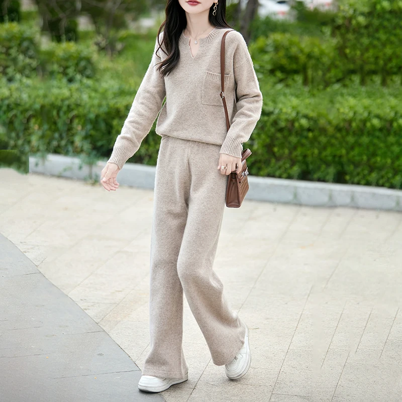 

Autumn And Winter New 100% Pure Wool Ladies Two-Piece Leisure Loose Sweater Straight Pants Cashmere Sports Suit