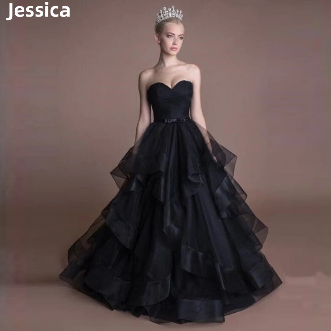 

Jessica Black Prom Dress Gothic Wedding Dress Sexy Strapless Tulle Ruffles Evening Dresses A-shaped Formal Occasions Party Dress