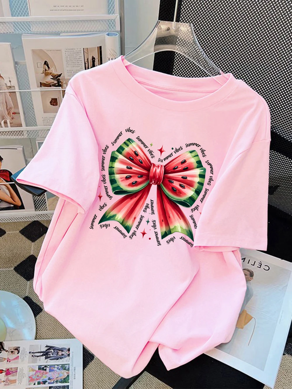 

Casual T-Shirts Women Cotton Summer Watermelon Bow Printed Tops O-Neck Comfortable Loose Short Sleeve All-Match Woman Clothes