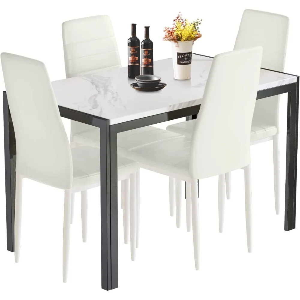 5-Piece Faux Marble Dining Table Set, Rectangular Tables and 4 PU Leather Chairs, Dining Table Set for 4, Kitchen Tables