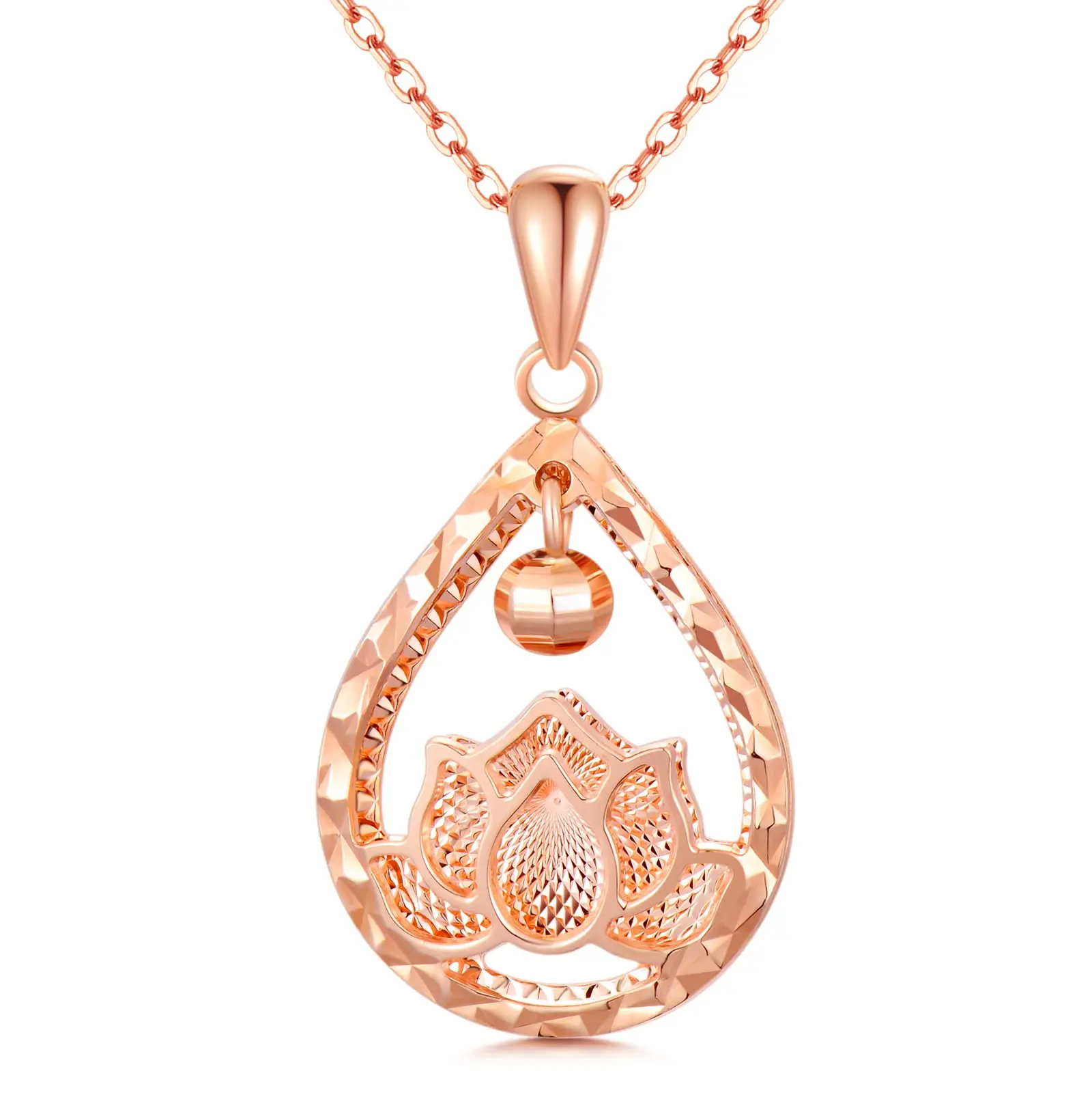 YFN 18k Rose Gold Lotus lotus flower Necklace for Women Real Gold Teardrop Pendant Chain Fine Jewelry Gift