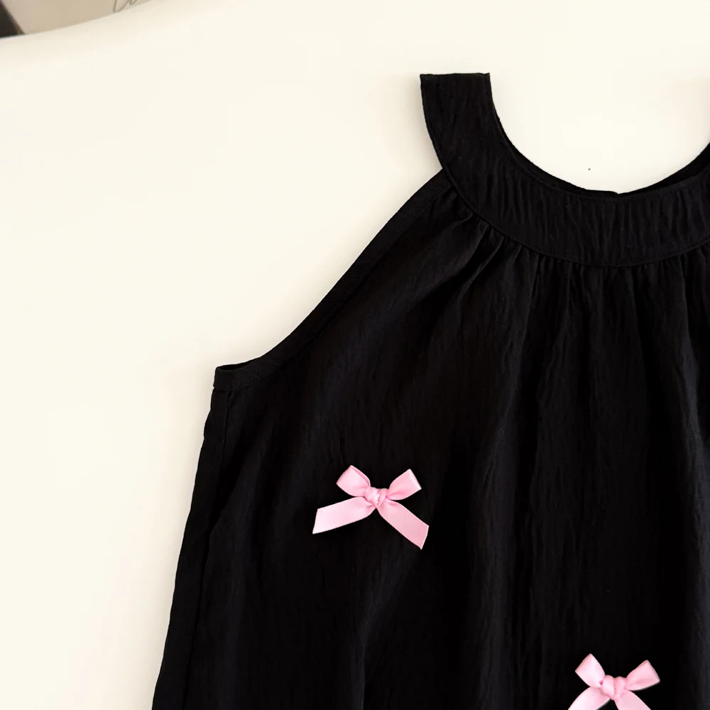 สาวฤดูร้อนชุดรอบคอสีชมพูโบว์แขนกุดแฟชั่นชุดเจ้าหญิงสีทึบชุดลําลองสําหรับสาวสําหรับ 3-7Y