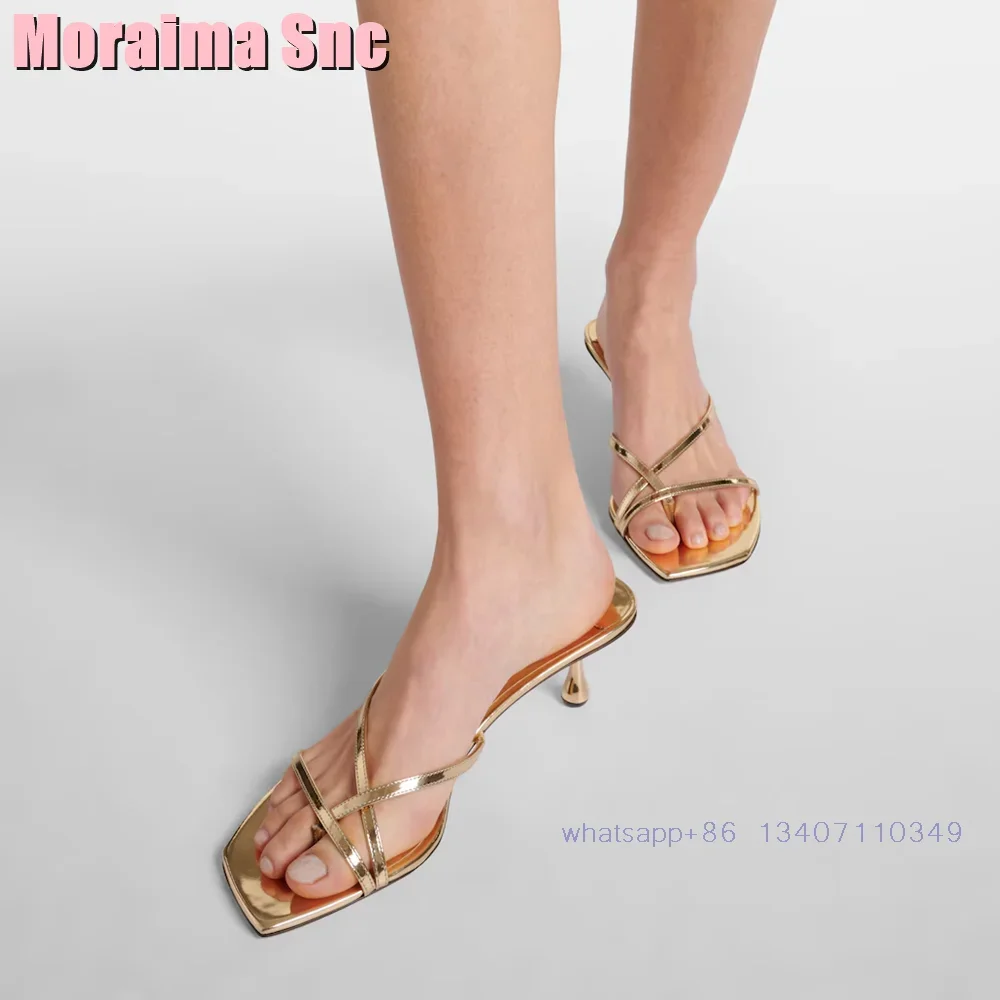 Square Toe Metallic Leather Mules Clip Toe Unique Waterdrop Heeled Golden Solid Sexy Women\'s Slippers Casual Outdoor 2024 Newest