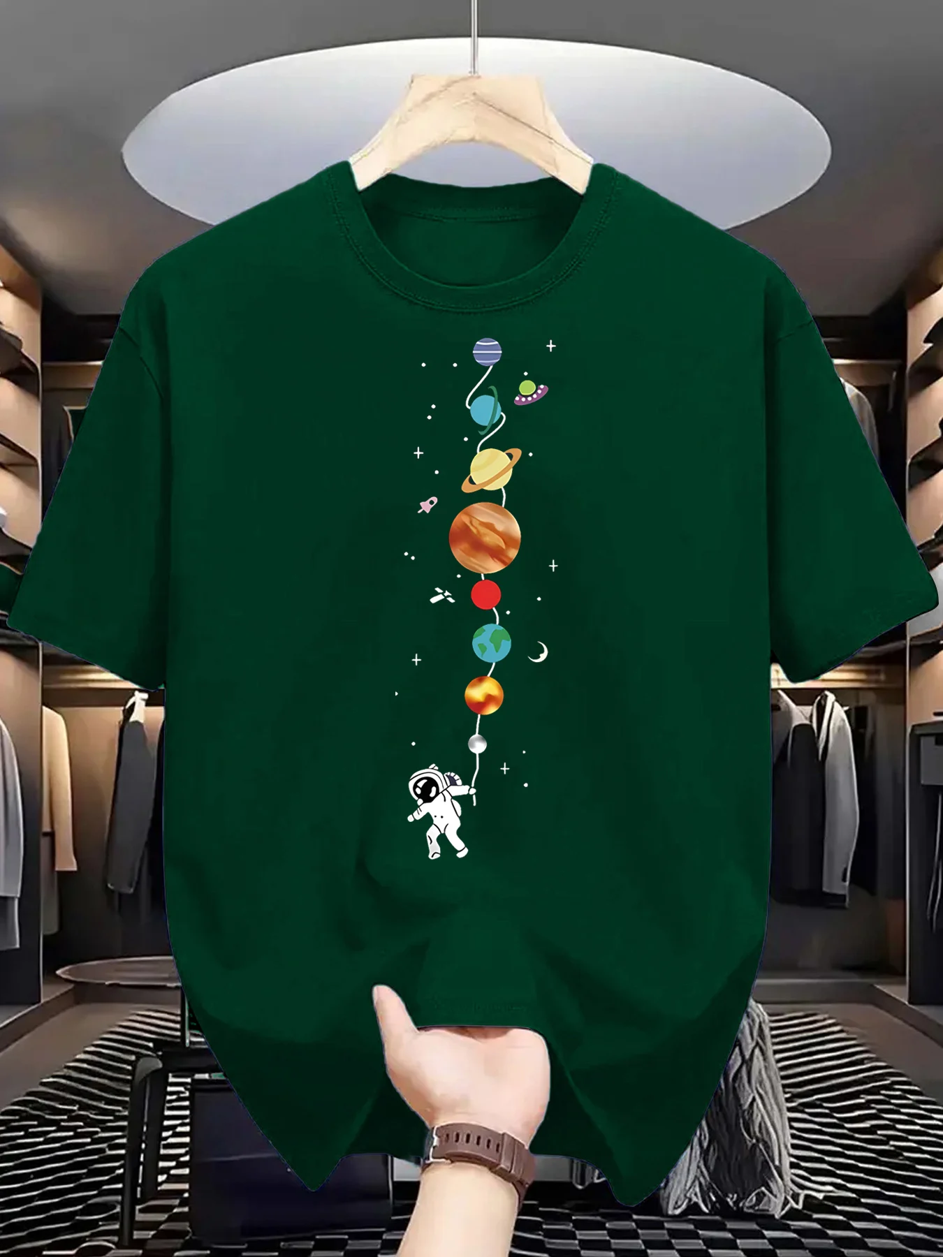 Men's summer 100% pure cotton astronaut planet graphic printed fashionable casual sports loose round neck short sleeved T-shirt