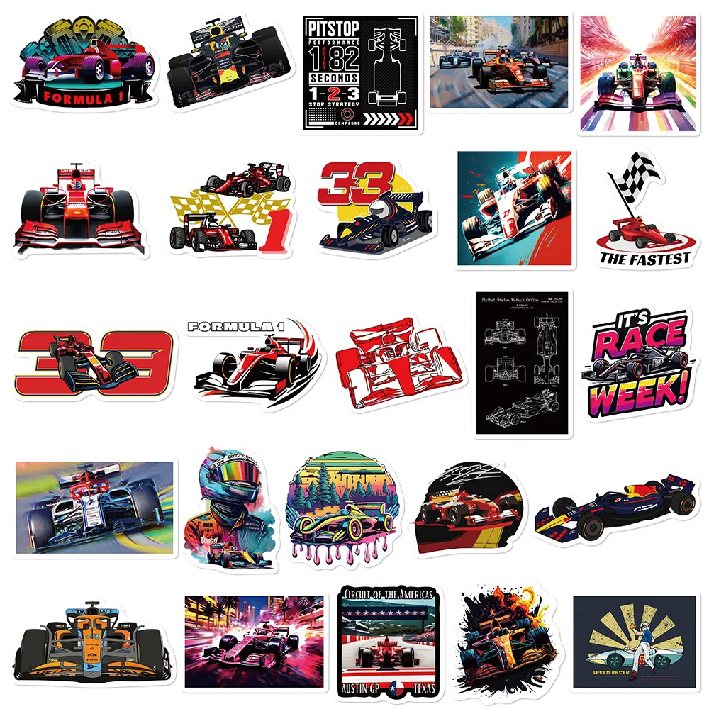 50PCS Formula 1 Car Graffiti Sticker Cool Race Car Decals For Laptop Phone Guitar Skateboard Fridge Helmet Waterproof Kids Toys